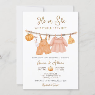 He or She Pumpkin Baby Clothes Gender Reveal  Invitation