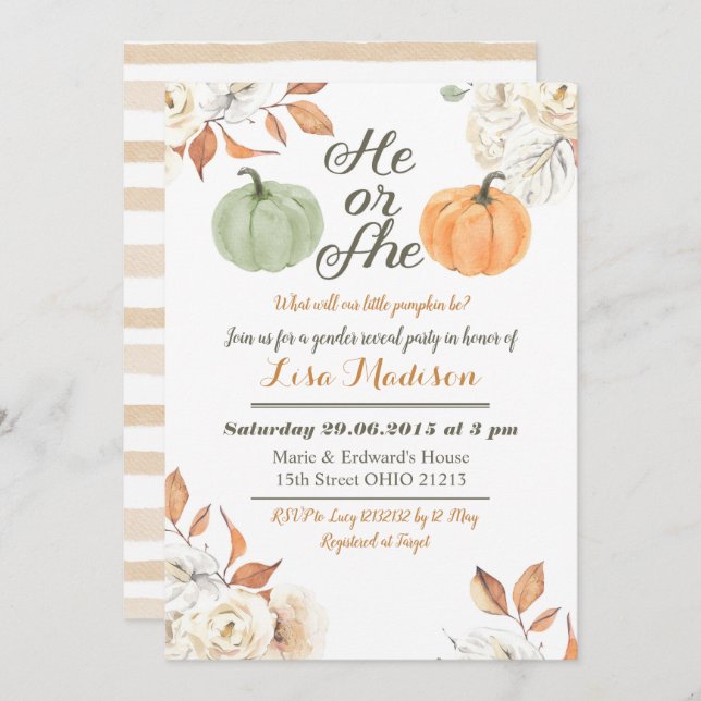 He or She Pumpkin fall Gender Reveal invitation (Front/Back)