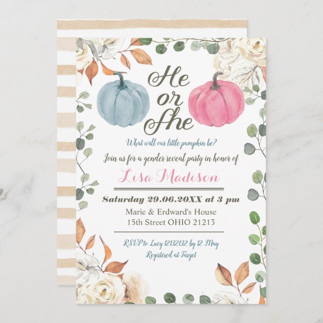 He or She Pumpkin fall Gender Reveal invitation (Front/Back)