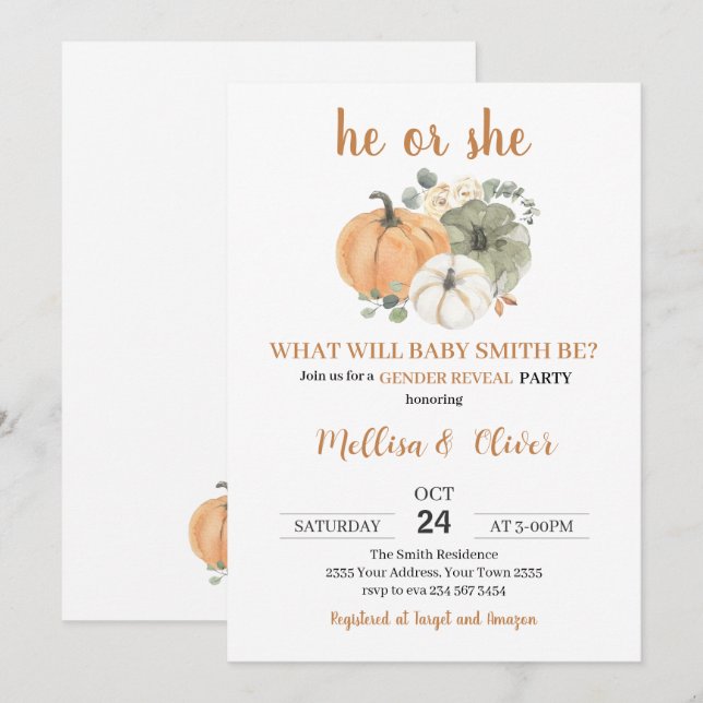 He or She Pumpkin Fall Gender Reveal Invitation (Front/Back)