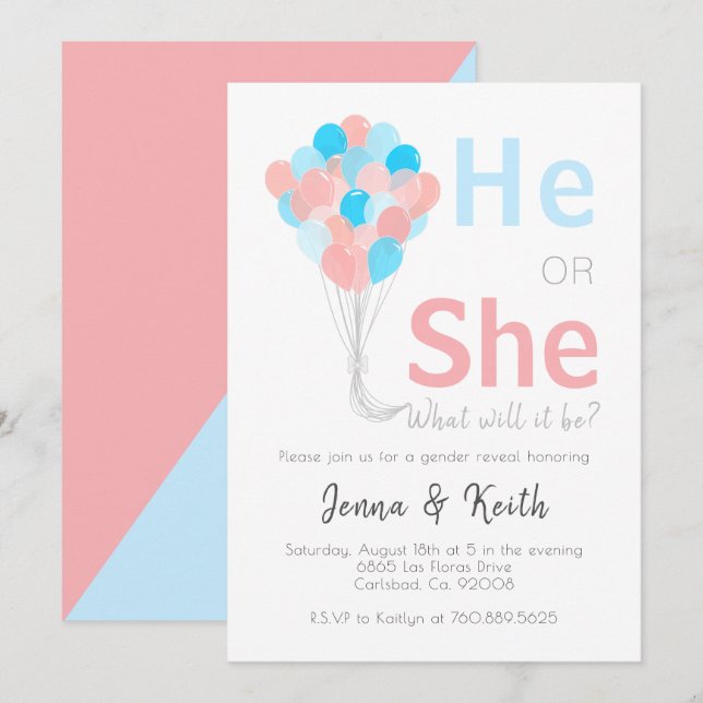 He or She Render Reveal Balloons Up Theme Baby Invitation (Front/Back)