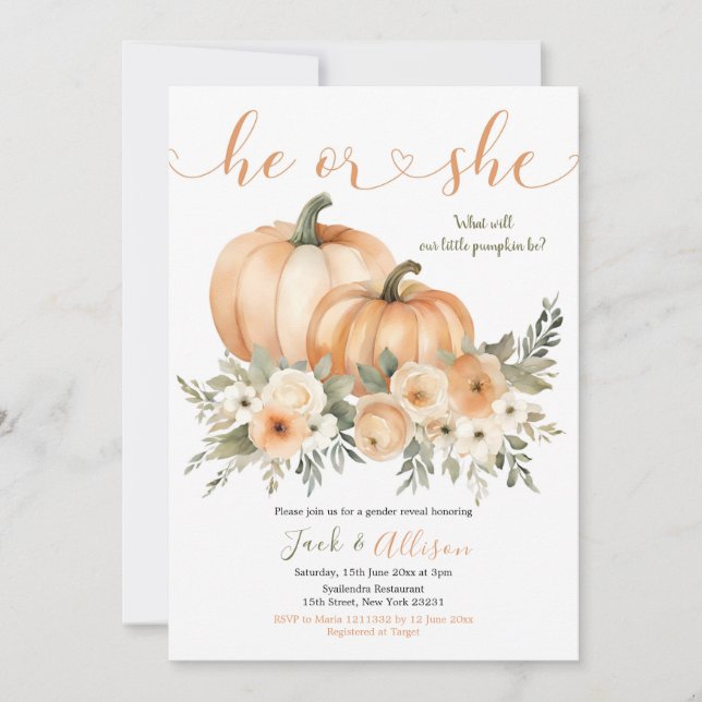 He or She Rustic Fall Orange Pumpkin Gender Reveal Invitation (Front)