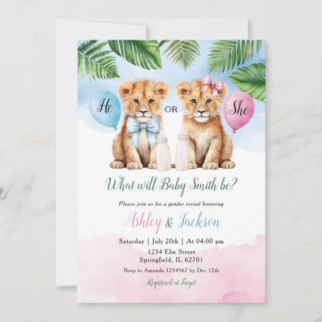 He or She Safari Lion With Bow Baby Gender Reveal Invitation (Front)