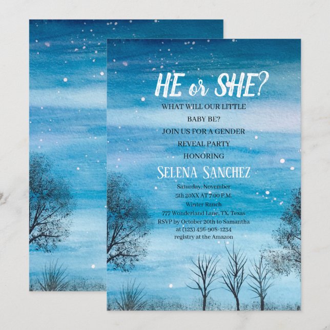 He or She Snowflake Winter Wonderland Baby Shower  Invitation (Front/Back)