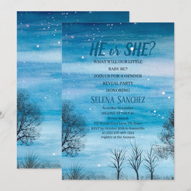He or She Snowflake Winter Wonderland Baby Shower  Invitation (Front/Back)