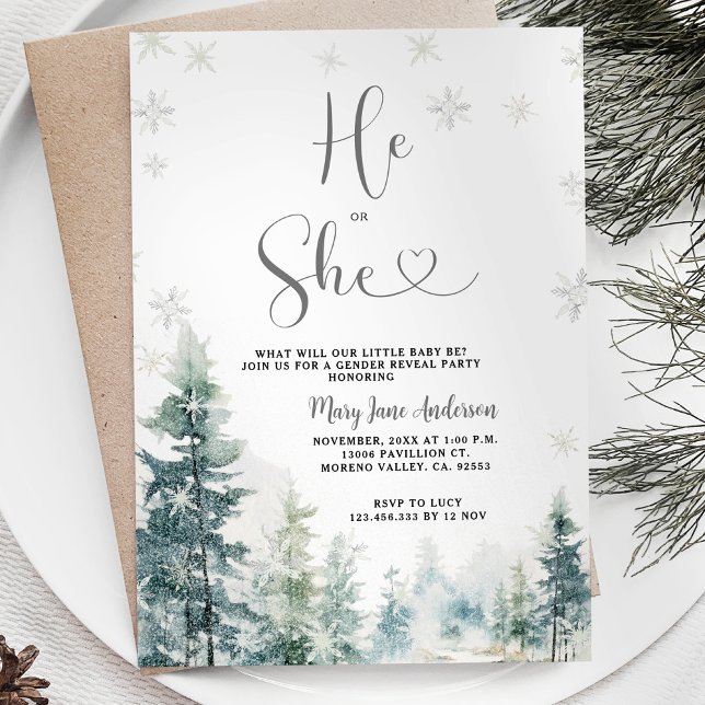 He or She Snowflakes Winter Gender Reveal Invitation (Creator Uploaded)