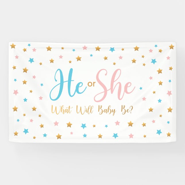 He or She Stars Gender Reveal banner sign  (Horizontal)