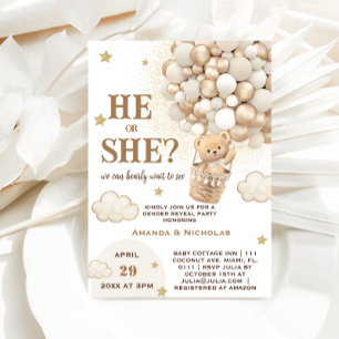 He or She Teddy Bear Cute Boho Gender Reveal Invitation