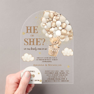 He or She Teddy Bear Gender Reveal Acrylic Invitations