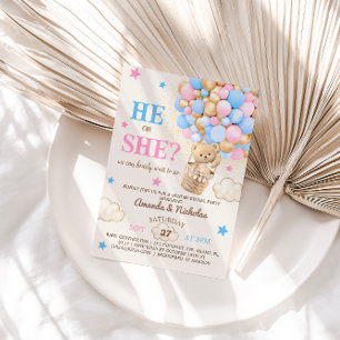 He or She Teddy Bear Hot Air Balloon Gender Reveal Invitation