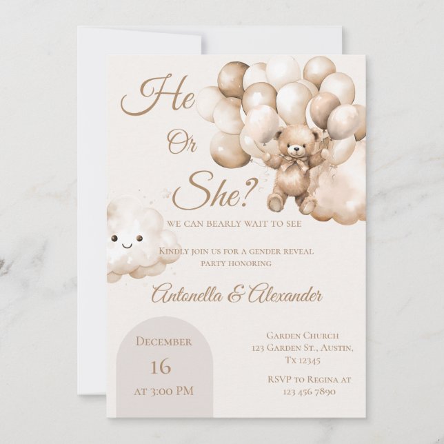 He or She Teddy Bear with Balloons Gender Reveal I Invitation (Front)