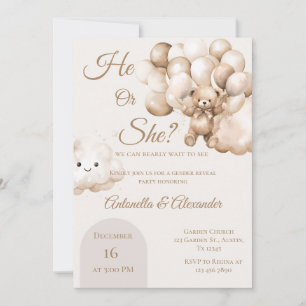 He or She Teddy Bear with Balloons Gender Reveal I Invitation