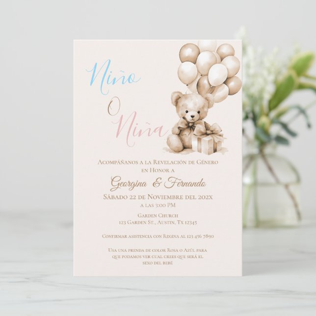 He or She Teddy Bear with Balloons Gender Reveal I Invitation (Standing Front)