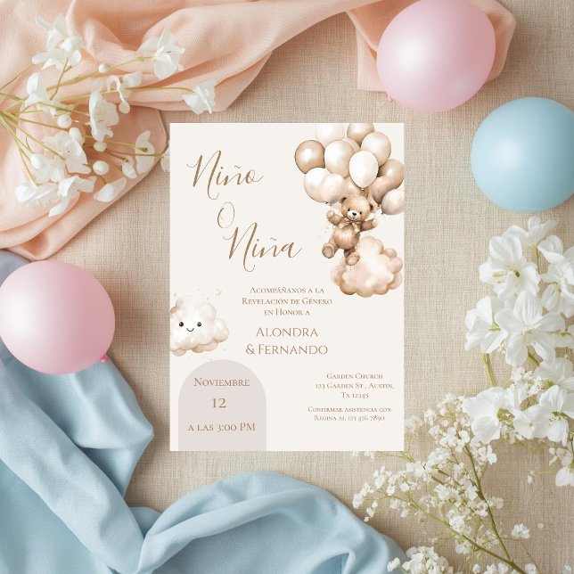 He or She Teddy Bear with Balloons Gender Reveal I Invitation (Creator Uploaded)