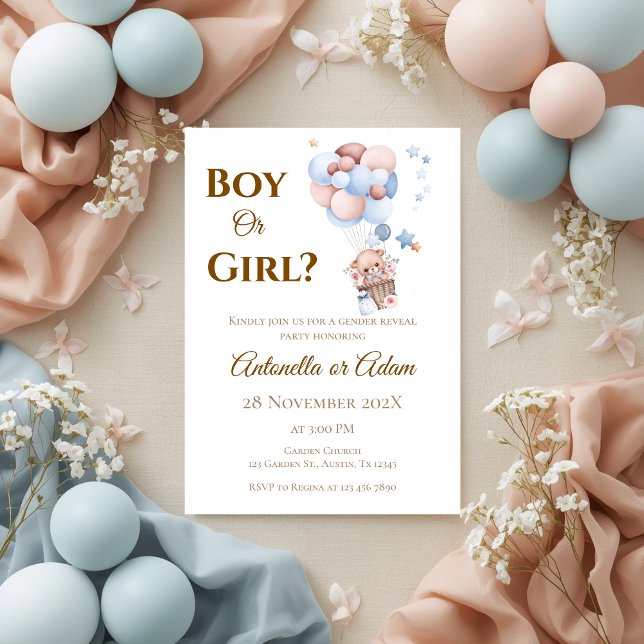 He or She Teddy Bear with Balloons Gender Reveal I Invitation (Creator Uploaded)