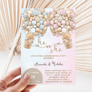 He or She Teddy Bear with Balloons Gender Reveal Invitation