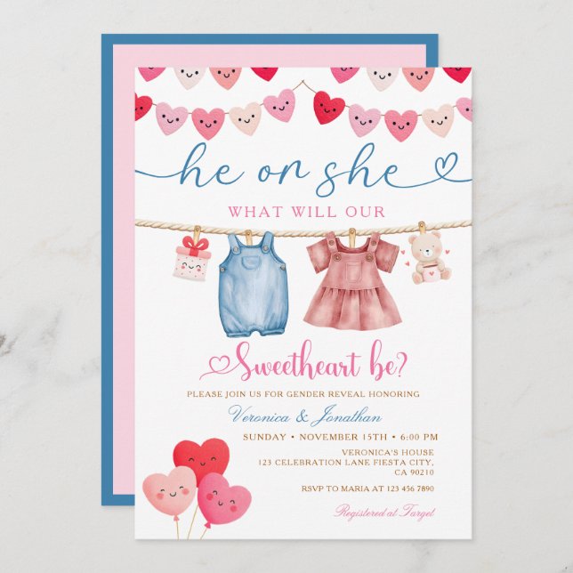 He or She Valentine Gender Reveal Clothesline  Invitation (Front/Back)