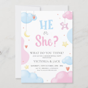 He or She Watercolor Clouds & Stars Gender Reveal Invitation