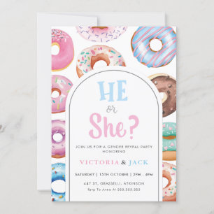 He or She Watercolor Doughnut Pattern gender revea Invitation