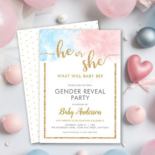 He or She Watercolor Gold Glitter Gender Reveal Invitation