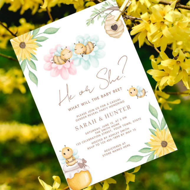 He Or She What Will Baby Bee Gender Neutral Shower Invitation (Bee our guest for a sweet celebration!)