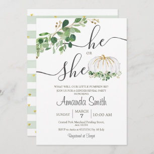 He or She White Pumpkin Gender Reveal Invitation