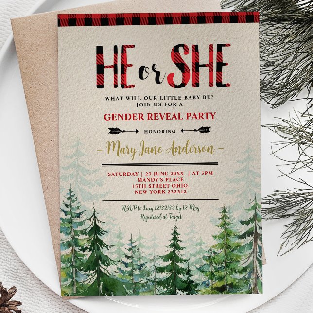 He or She Winter Lumberjack Forest Gender Reveal Invitation (Creator Uploaded)