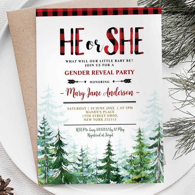 He or She Winter Lumberjack Forest Gender Reveal Invitation (Creator Uploaded)
