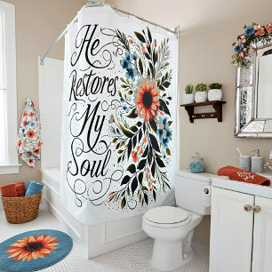 He restores my soul floral shower curtain