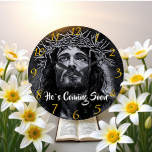 HE`S COMING SOON Jesus looking into heaven  Large Clock