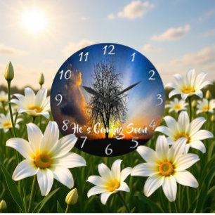 HE`S COMING SOON old tree   Large Clock
