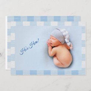 He’s Here Baby Boy Blue Gingham Modern Birth Announcement