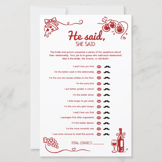 He Said She Said Amore Wedding Party Activity Card (Front)