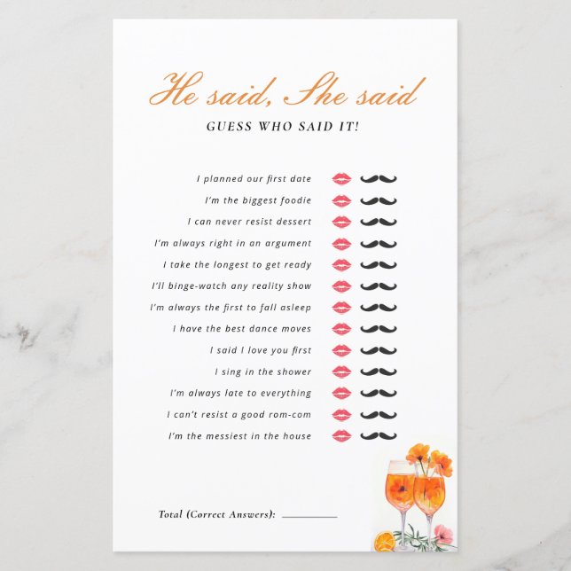He Said She Said Aperol Spritz Bridal Shower Game (Front)
