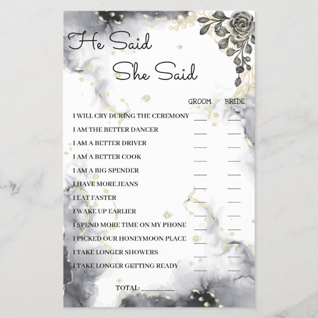 He Said She Said Black Rose BridalShower Game Card (Front)