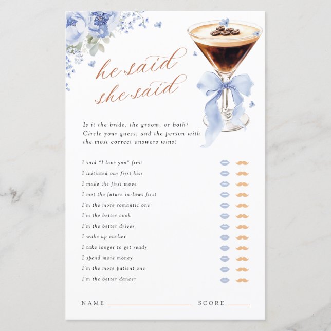 He Said She Said Blue Bow Bridal Shower Game (Front)
