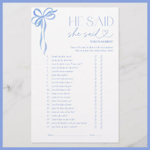 He Said She Said Blue Bow Bridal Shower Game