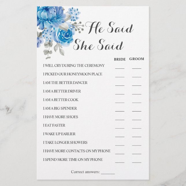 He Said She Said Blue Couple Shower Game Card (Front)