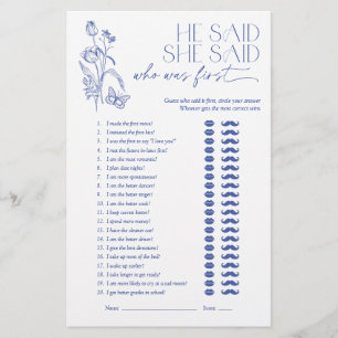 He Said She Said Blue Floral Bridal Shower Game