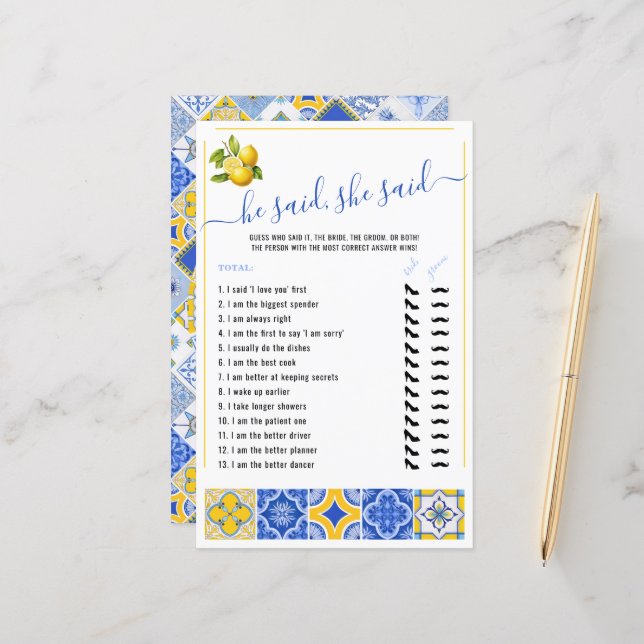 He Said She Said Blue Tiles Bridal Shower Game (Front/Back In Situ)
