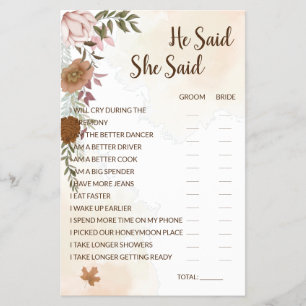 He Said She Said Boho Autumn Bridal Shower Game Flyer