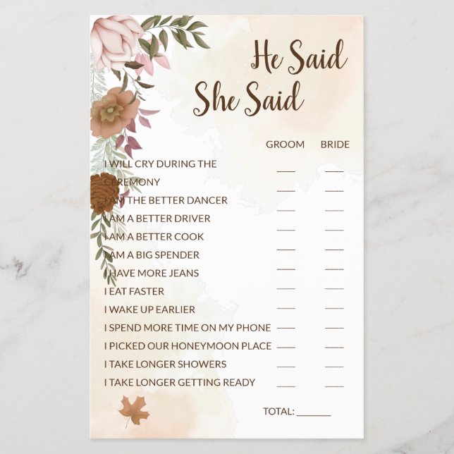 He Said She Said Boho Autumn Bridal Shower Game Flyer (Front)