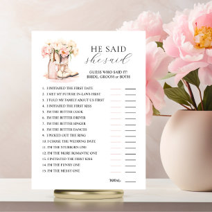 HE SAID SHE SAID Boots Bubbly Bridal Shower GAME Invitation
