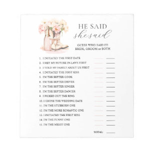 HE SAID SHE SAID Boots Bubbly Bridal Shower GAME Notepad