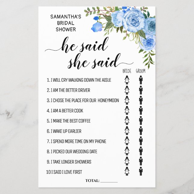 He said She said Bridal Shower biingual game card (Front)