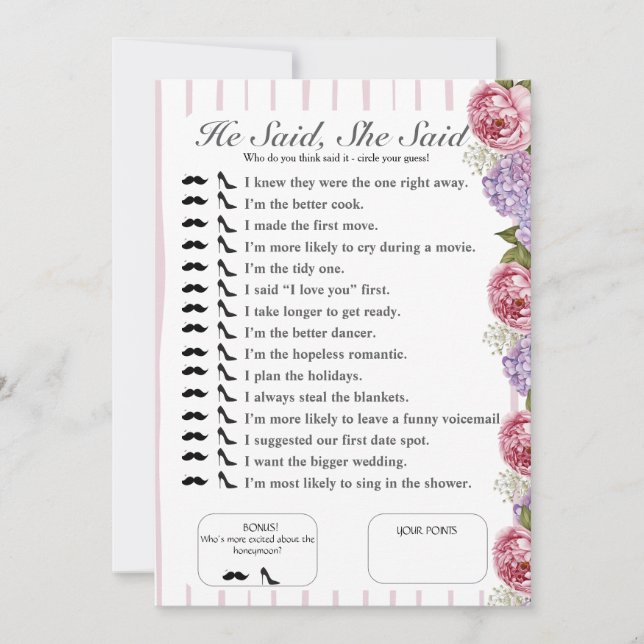 He Said, She Said Bridal shower floral Game Invitation (Front)