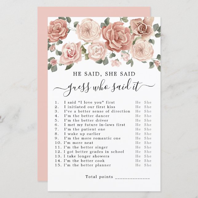 He Said She Said Bridal Shower Game (Front/Back)