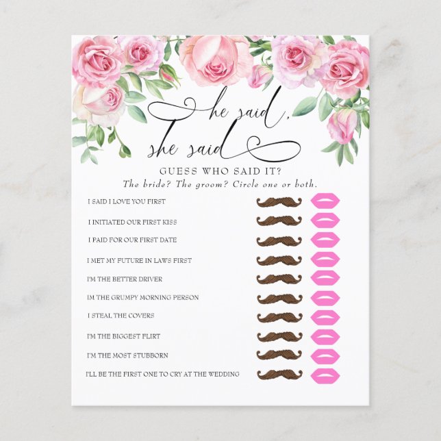 He Said She Said | Bridal Shower Game  (Front)