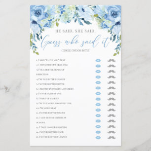 He said she said bridal shower game blue floral