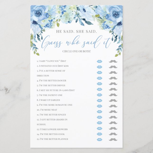He said she said bridal shower game blue floral (Front)